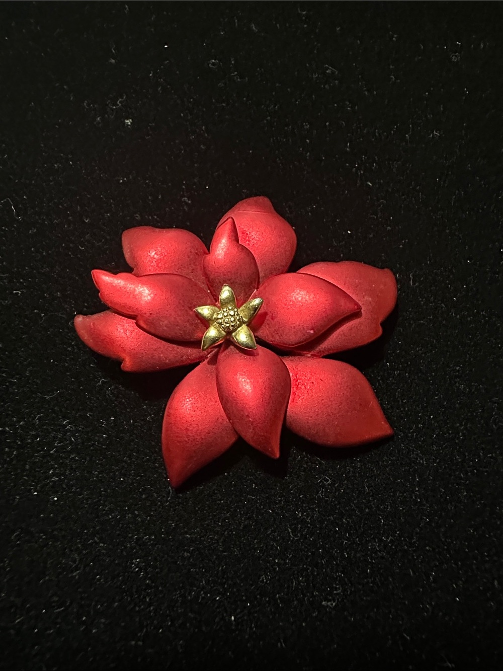 Vintage Tona Red Satin Enamel Poinsettia Brooch